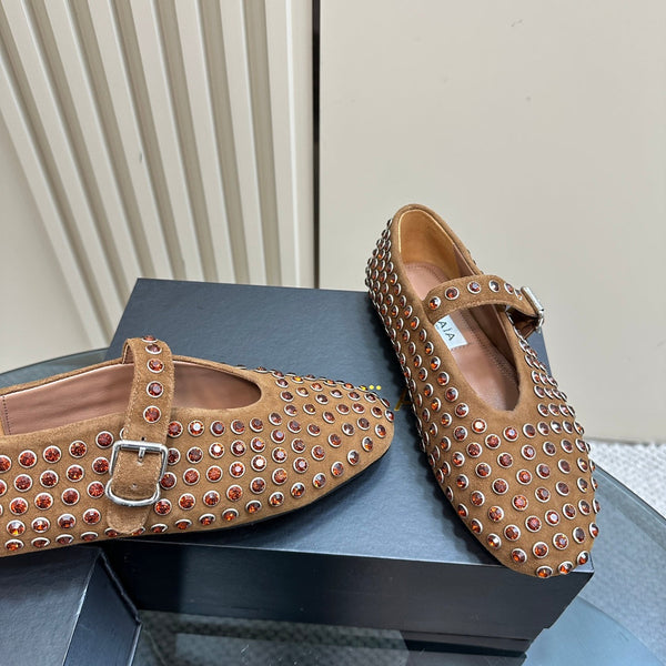 Alaia Strass Suede Ballet Flats In Brown 999324