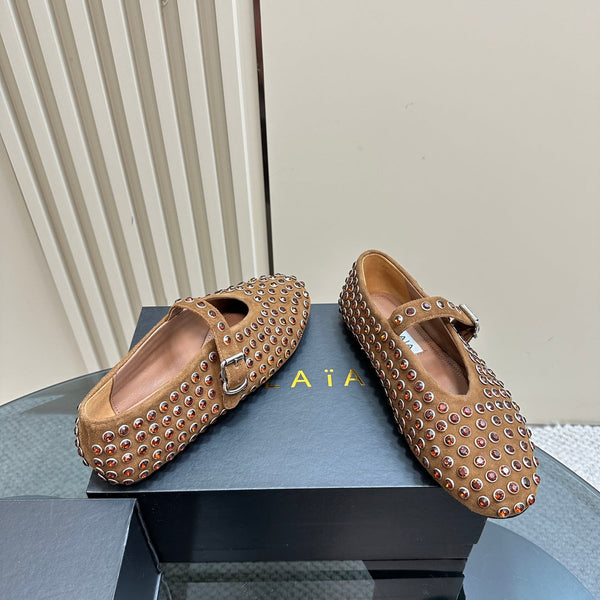 Alaia Strass Suede Ballet Flats In Brown 999324