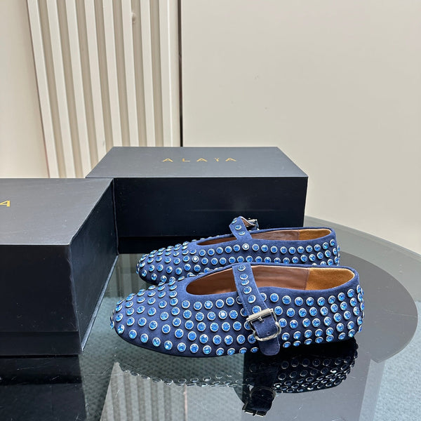 Alaia Strass Suede Ballet Flats In Dark Blue 999320