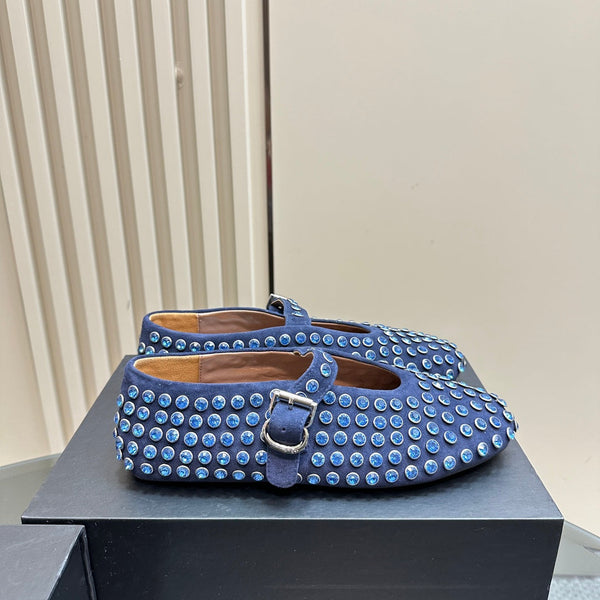 Alaia Strass Suede Ballet Flats In Dark Blue 999320