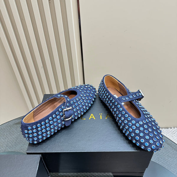 Alaia Strass Suede Ballet Flats In Dark Blue 999320