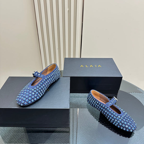 Alaia Strass Suede Ballet Flats In Dark Blue 999320