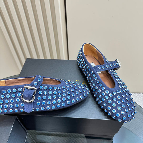 Alaia Strass Suede Ballet Flats In Dark Blue 999320