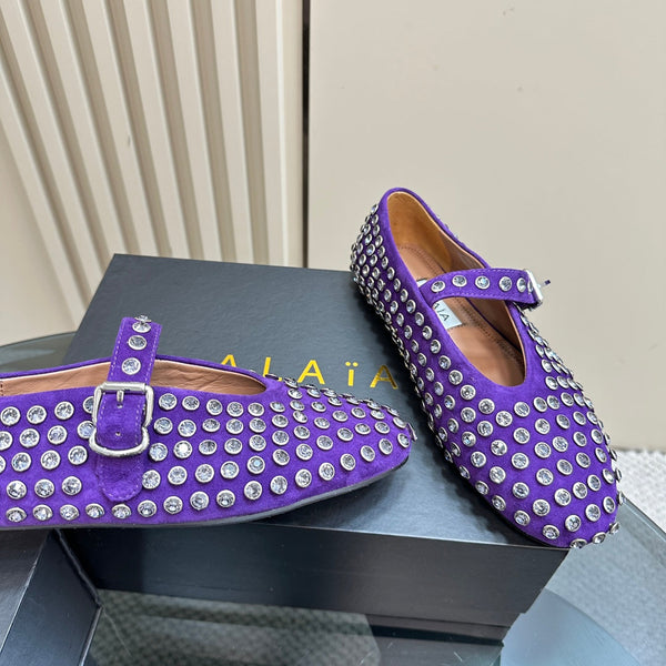 Alaia Strass Suede Ballet Flats In Purple 999326