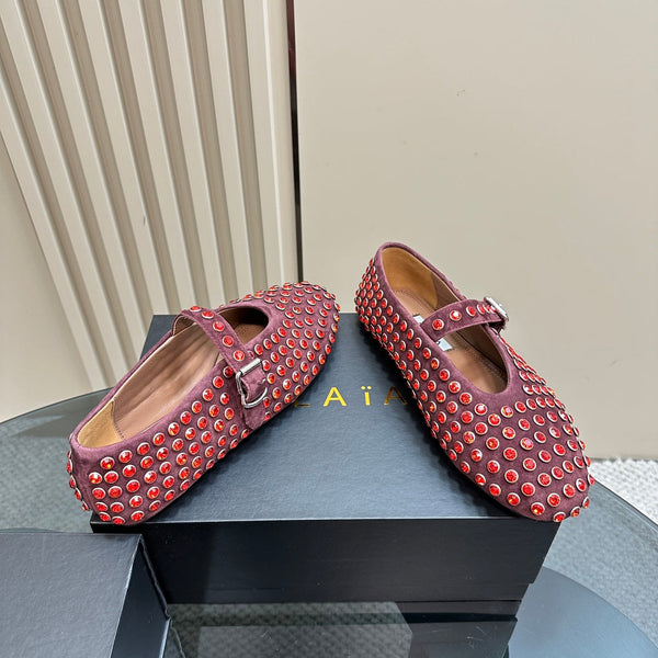 Ballet Flat Fishnet Burgundy Strass Suede