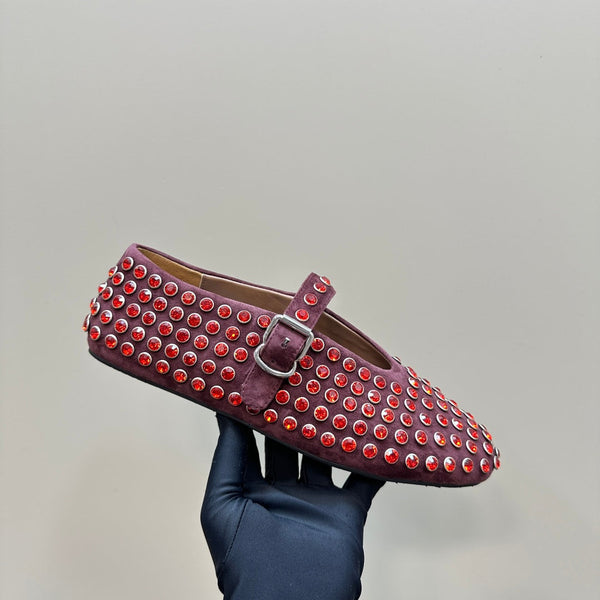 Ballet Flat Fishnet Burgundy Strass Suede
