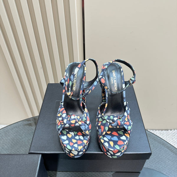 BIANCA PLATFORM SANDALS IN COLORFUL HEARTS PRINT VELVET