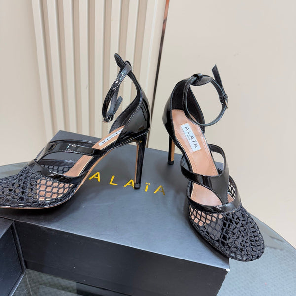 Alaia Fishnet Thong Heels Sandals Black Lambskin 299658