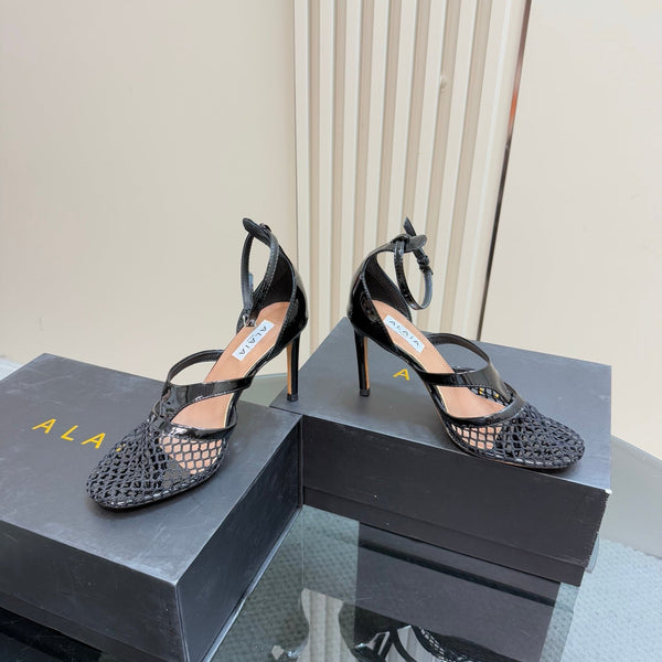Alaia Fishnet Thong Heels Sandals Black Lambskin 299658