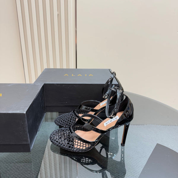 Alaia Fishnet Thong Heels Sandals Black Lambskin 299658
