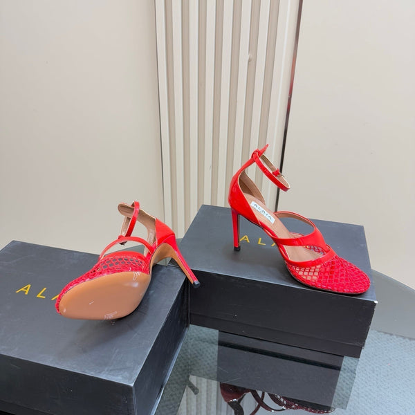Alaia Fishnet Thong Heels Sandals Red Lambskin 299660