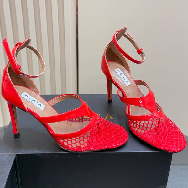 Alaia Fishnet Thong Heels Sandals Red Lambskin 299660