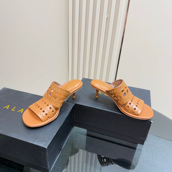 Alaia Vienne Cutout Kitten-Heel Slide Sandals Brown Sheepskin 299662