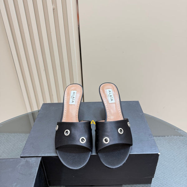 Alaia 2025 Oeillets Embellished Leather Sandals Black Lambskin 299669