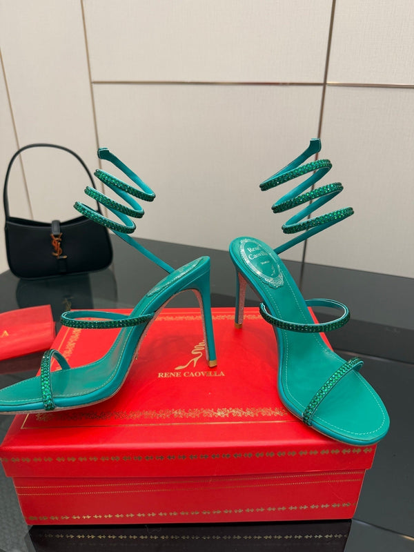 RC Sandals 9.5cm Dark Green Silk Creole Crystal Diamond 302608