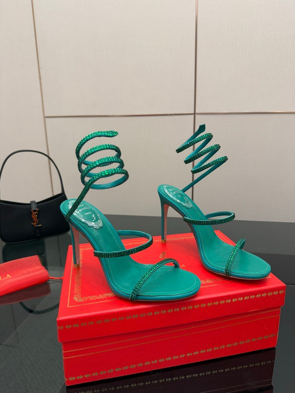 RC Sandals 9.5cm Dark Green Silk Creole Crystal Diamond 302608