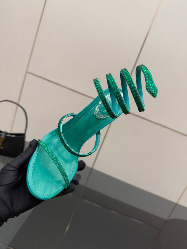 RC Sandals 9.5cm Dark Green Silk Creole Crystal Diamond 302608