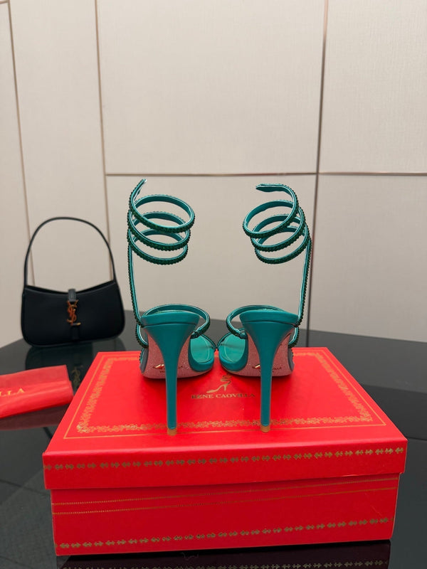 RC Sandals 9.5cm Dark Green Silk Creole Crystal Diamond 302608