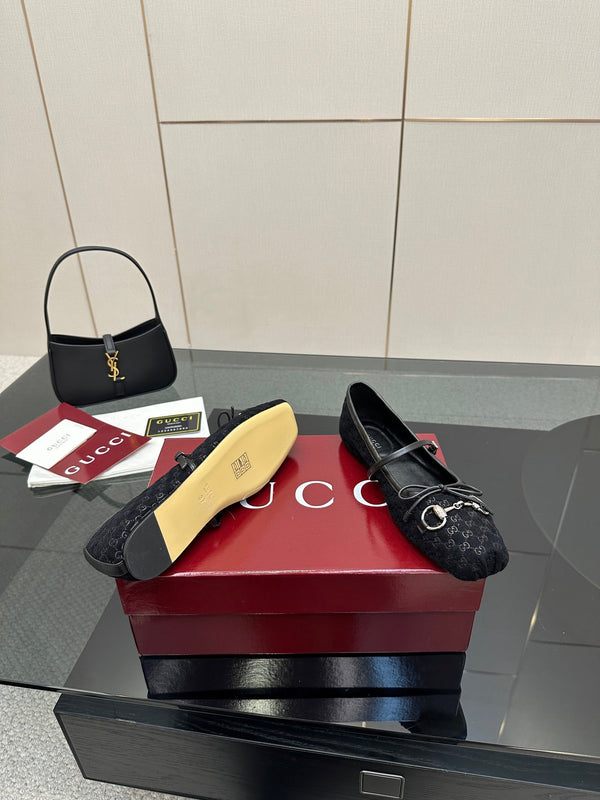 GC 25 Horsebit Ballet Flat Black Monogram Suede