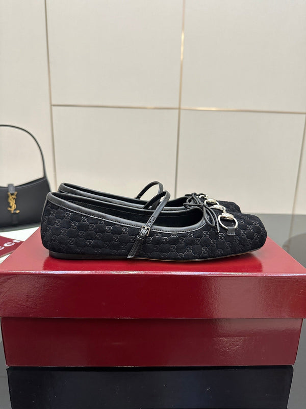 GC 25 Horsebit Ballet Flat Black Monogram Suede