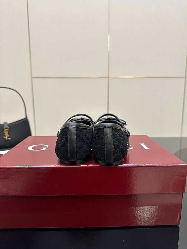 GC 25 Horsebit Ballet Flat Black Monogram Suede