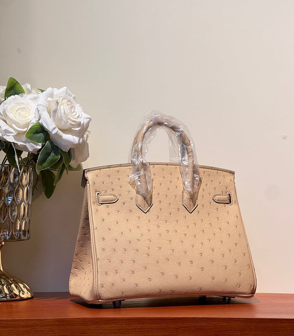 KELLY SELLIER 25 BAG IN CAMEL BEIGE OSTRICH LEATHER WITH SILVER HARDWARE (MADE - TO - ODER)