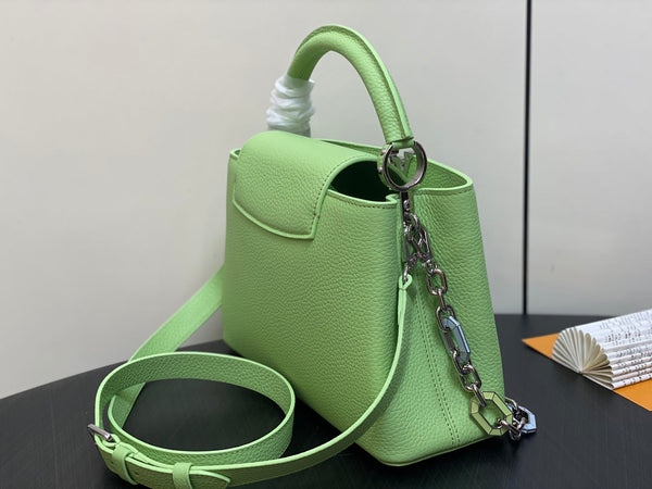 capucines mm 31.5 green taurillon leather turquoise silver hardware