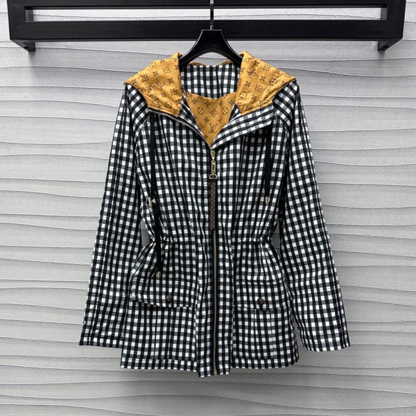 Lv Check Hooded Black White Parka 224851