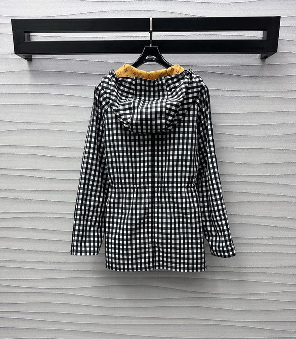Lv Check Hooded Black White Parka 224851