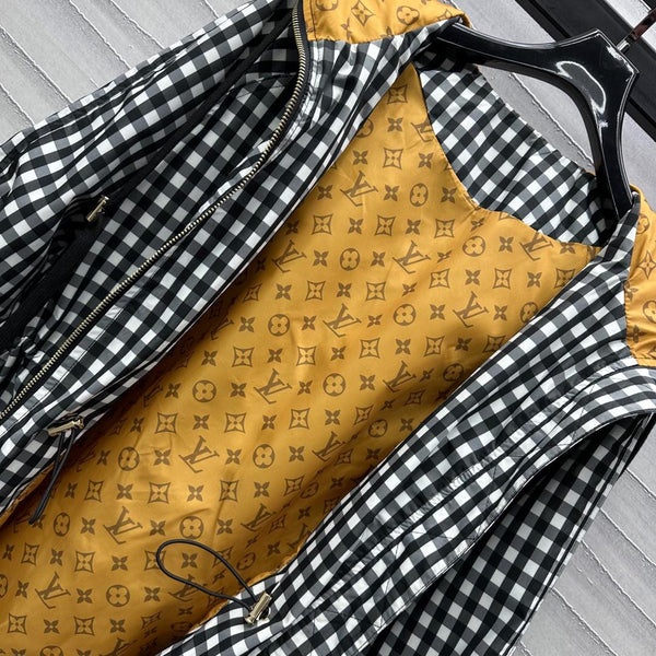 Lv Check Hooded Black White Parka 224851