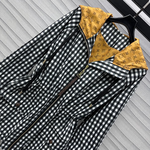 Lv Check Hooded Black White Parka 224851