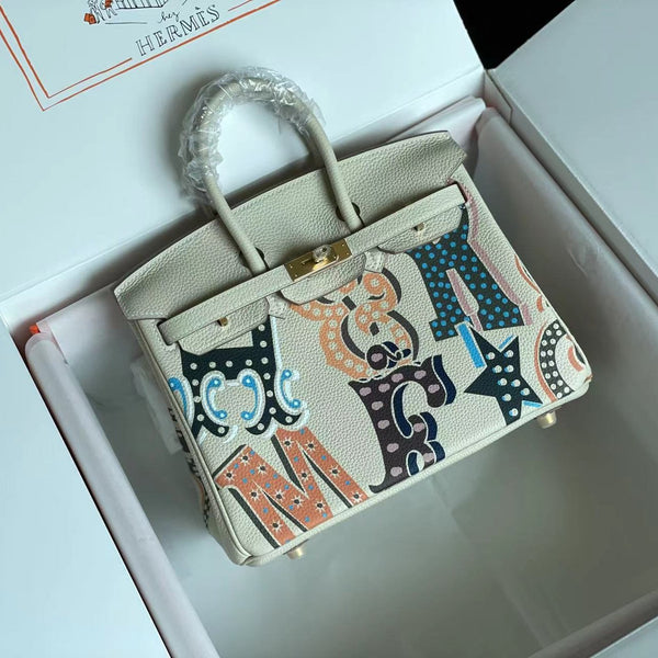 BIRKIN 25 BAG IN WHITE CREAM CALFSKIN WITH COLORFUL STICKER (MADE - TO - ODER)