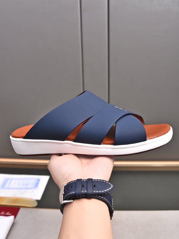 LP INTERWOVEN STRAPS SLIPPERS NAVY CALFSKIN