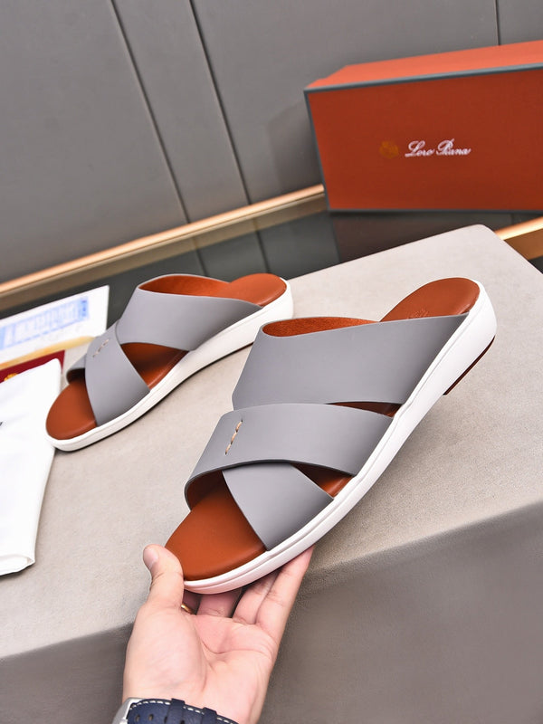 LP INTERWOVEN STRAPS SLIPPERS LIGHT GRAY CALFSKIN