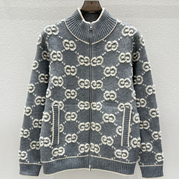 Gucci Zipper Cardigan Gray White Wool 304012