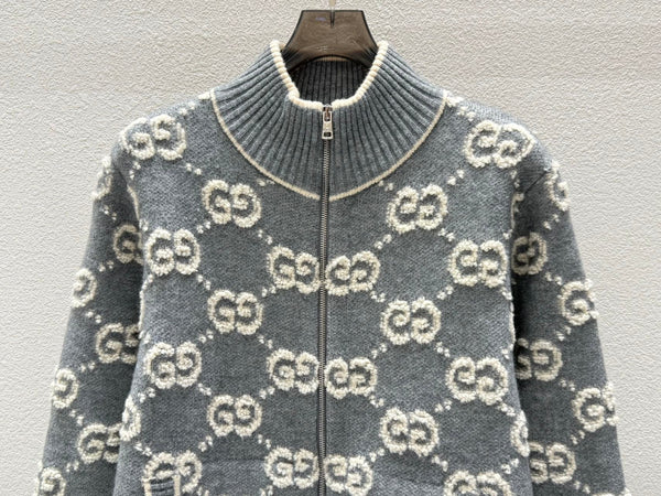 Gucci Zipper Cardigan Gray White Wool 304012