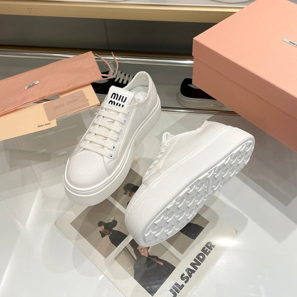 Miu Low Top Skateboard Shoes 50mm White Canvas Cowhide 456836