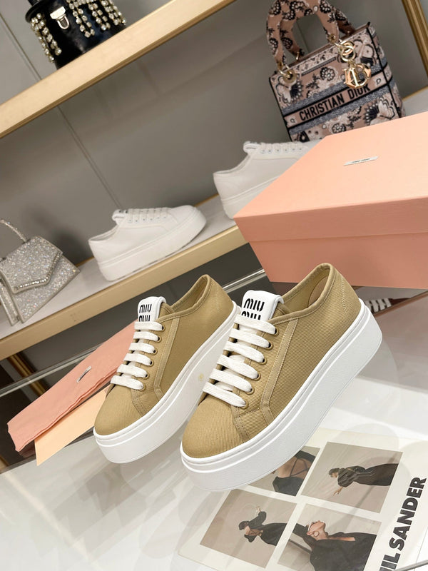 Miu Low Top Skateboard Shoes 50mm Golden Brown Canvas Cowhide 456835