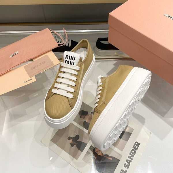 Miu Low Top Skateboard Shoes 50mm Golden Brown Canvas Cowhide 456835