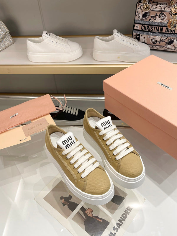 Miu Low Top Skateboard Shoes 50mm Golden Brown Canvas Cowhide 456835