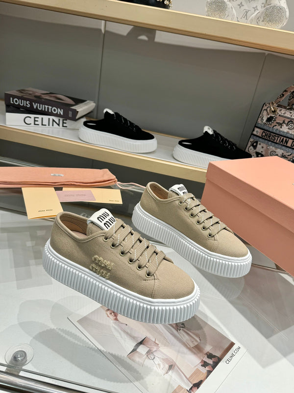 Miu logo-patch sneakers 45mm Dark Sand Canvas 456832
