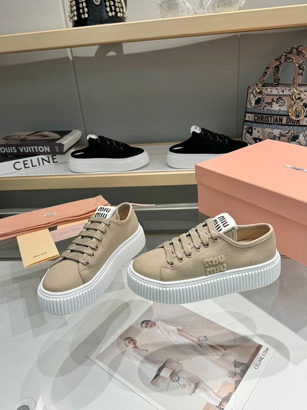 Miu logo-patch sneakers 45mm Dark Sand Canvas 456832
