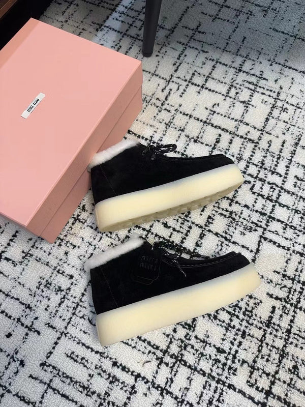 Miu Ankle Boots Black Fleece Lining Cow Suede