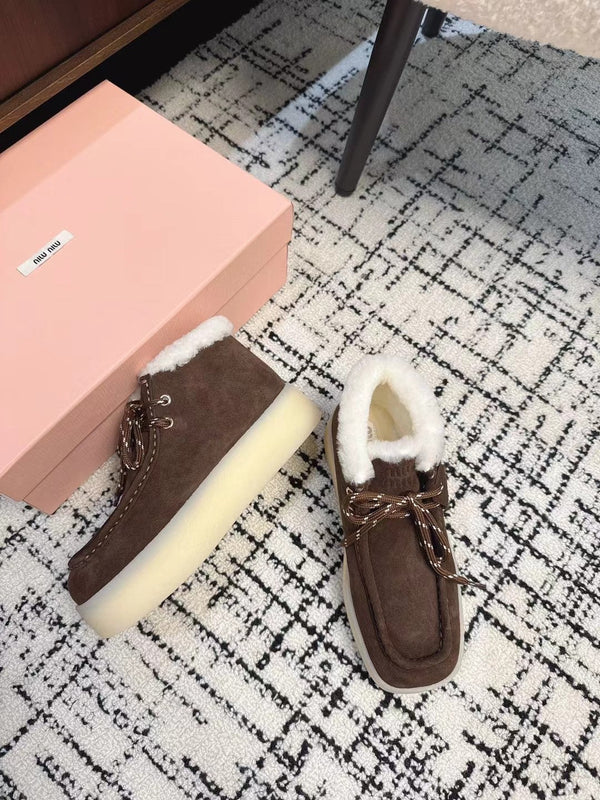 Miu Ankle Boots Chocolate Brown Fleece Lining Cow Suede