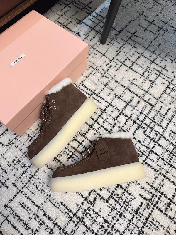 Miu Ankle Boots Chocolate Brown Fleece Lining Cow Suede
