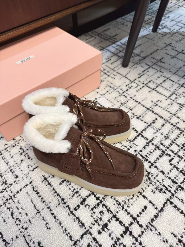 Miu Ankle Boots Chocolate Brown Fleece Lining Cow Suede