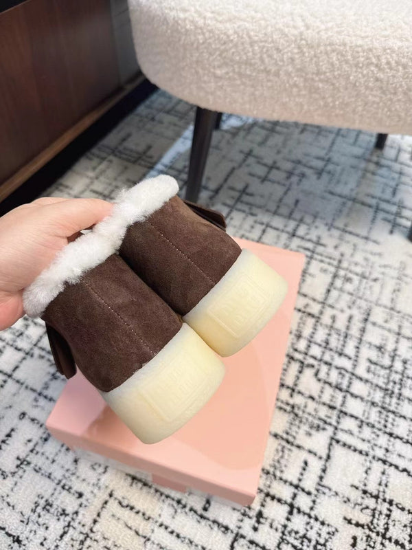 Miu Ankle Boots Chocolate Brown Fleece Lining Cow Suede