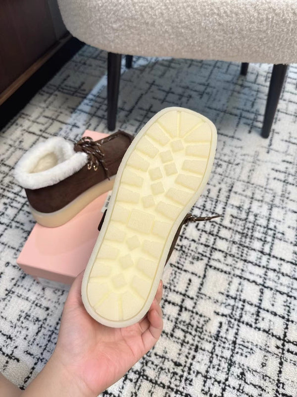 Miu Ankle Boots Chocolate Brown Fleece Lining Cow Suede