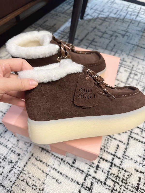 Miu Ankle Boots Chocolate Brown Fleece Lining Cow Suede