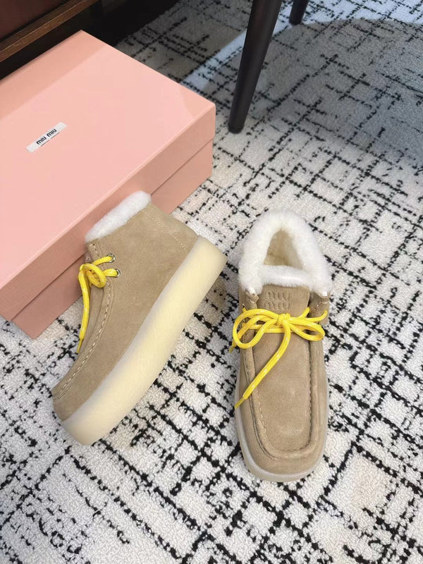 Miu Ankle Boots Light Brown Fleece Lining Cow Suede